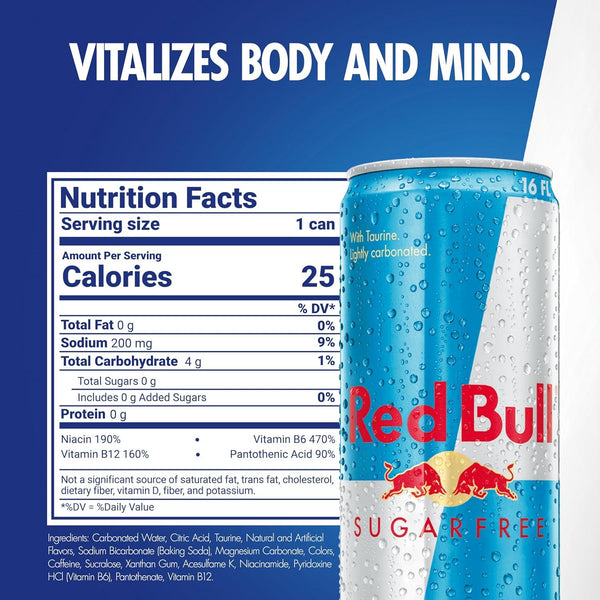 Red Bull Sugar Free Energy Drink, 16 Fl Oz, Pack of 12 Cans Red Bull