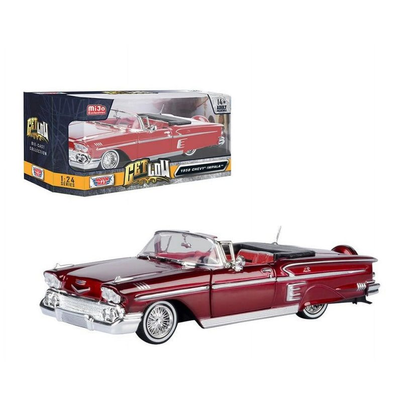 958 Chevrolet Impala Convertible Lowrider Dark Red Metallic w/Red Interior "Get Low" Series 1/24 Diecast Model Car by Motormax