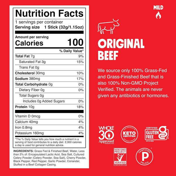 Chomps Original Beef Jerky Snack Sticks, 10-Pack - Grass-Fed & Finished, Keto, Paleo, Whole30, 10G Lean Protein, Gluten-Free, Zero Sugar, Non-GMO