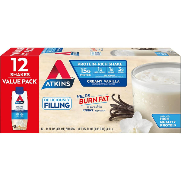 Atkins Creamy Vanilla Protein Shake, 15G Protein, Low Glycemic, 2G Net Carb, 1G Sugar, Keto Friendly, 12 Count Atkins