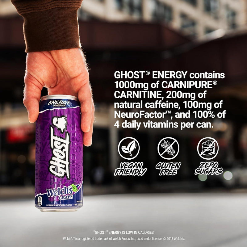 GHOST Energy Drink - 12-Pack, Welch'S Grape, 16Oz Cans - Energy & Focus & No Artificial Colors - 200Mg of Natural Caffeine, L-Carnitine & Taurine - Gluten-Free & Vegan GHOST ENERGY GHOST ENERGY