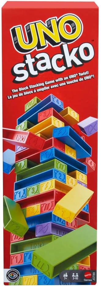 Mattel Games UNO Stacko Game for Kids & Family with 45 Colored Stacking Blocks & Loading Tray, Build & Play, Game Nights & Parties