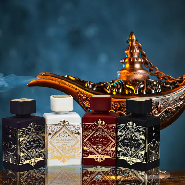 Perfumes Bade'E Al Oud Unisex Gift Set - 4 Piece Eau De Parfum Collection (Oud for Glory, Sublime, Amethyst, Honor & Glory) 3.4 oz (100 ml) Each  Perfumes Lattafa Perfumes