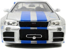 Jada Toys Fast & Furious Brian’s 2002 Nissan Skyline R34 Die-cast Car, 1:24 Scale, Silver & Blue