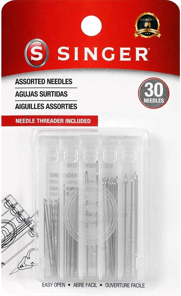 SINGER 07370 Hand Sewing Needles in Compact with Needle Threader, Assorted Sizes, 30-Count,