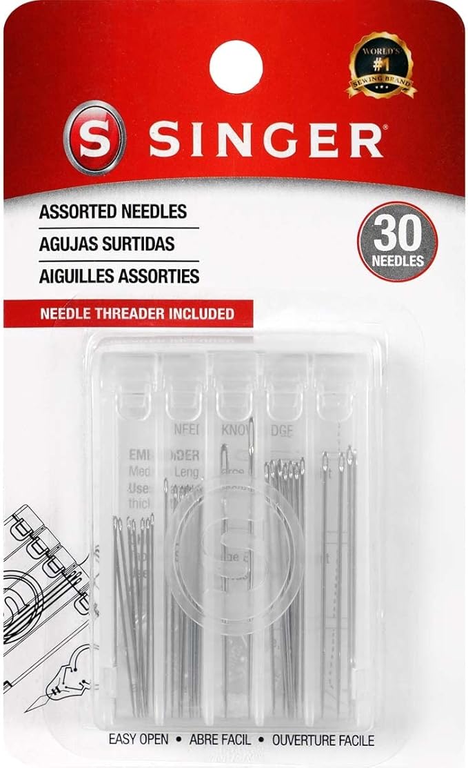 SINGER 07370 Hand Sewing Needles in Compact with Needle Threader, Assorted Sizes, 30-Count,