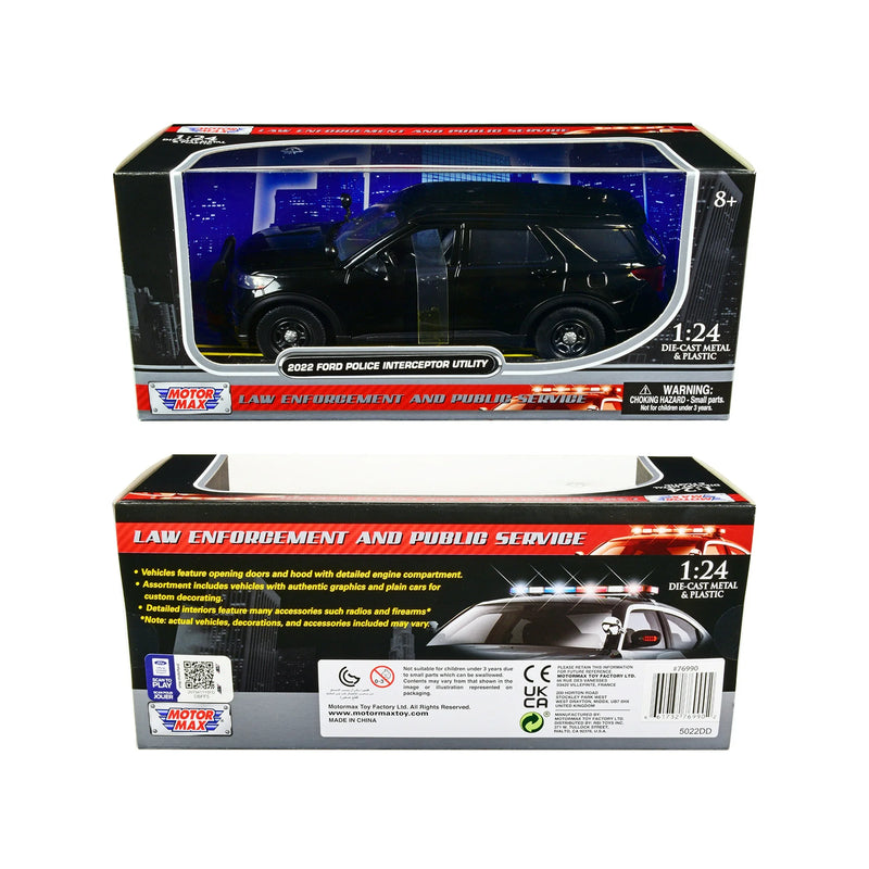2022 Ford Police Interceptor Utility Unmarked Slick-Top Black 1/24 Diecast Model Car by Motormax