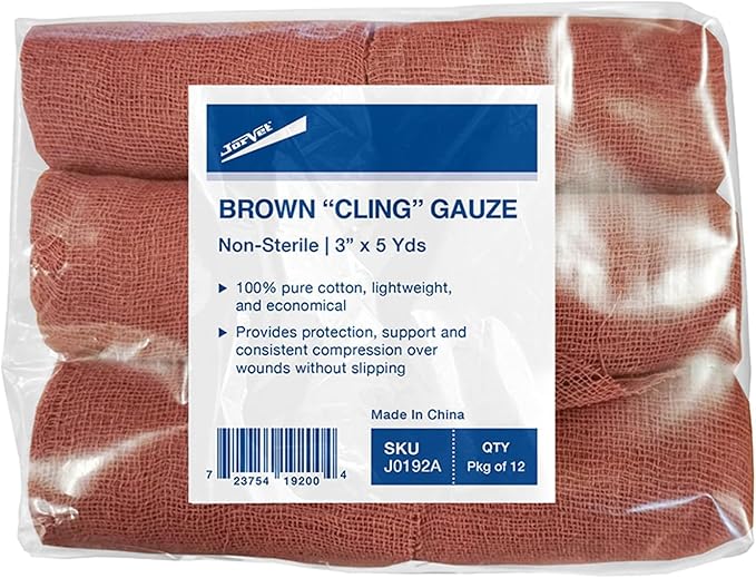 JorVet Brown Cling Gauze | 100% Cotton, Soft & Breathable for Wound Care, Pet Dressings & Medical Use | Comfortable, and Ideal for Healing & Recovery | Brown | 12 Rolls 3" x 5 Yards