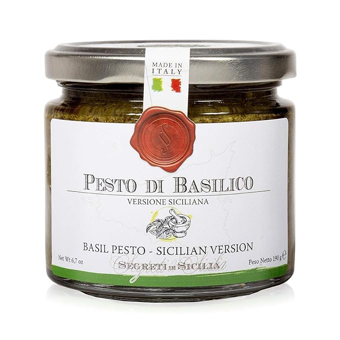Frantoi Cutrera Classic Basil Pesto Sauce for Pasta and Bruschetta Topping, Creamy Italian Spread With Basil, Pistachio, Almonds, and EVOO, Product of Sicily, Italy Glass Jar, 6.7 oz (190g)