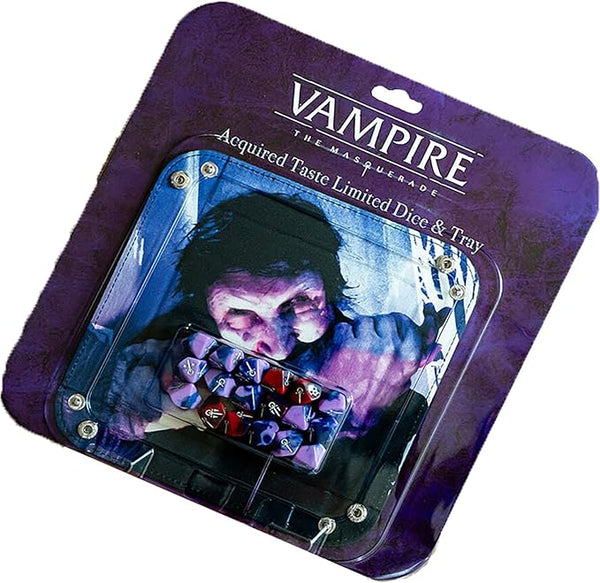 Renegade Game Studios: Vampire: The Masquerade 5th Edition Roleplaying Game - Acquired Taste Limited Dice & Tray Accessory Pack - 18 Purple & Red RPG Dice & Folding Tray