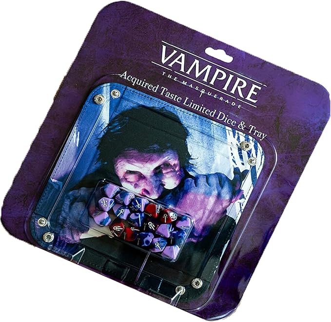 Renegade Game Studios: Vampire: The Masquerade 5th Edition Roleplaying Game - Acquired Taste Limited Dice & Tray Accessory Pack - 18 Purple & Red RPG Dice & Folding Tray