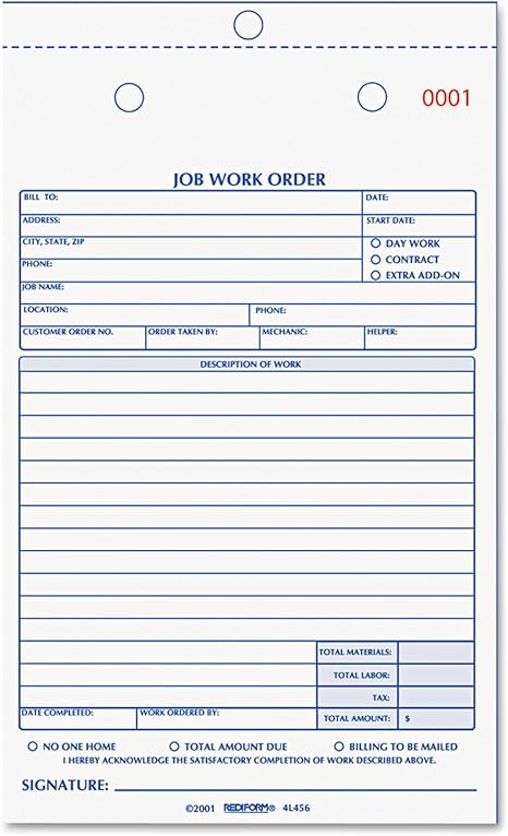 REDIFORM Job Work Order Book, 5 1/2 x 9 1/8, Two Part, 50/Book – Sadivin