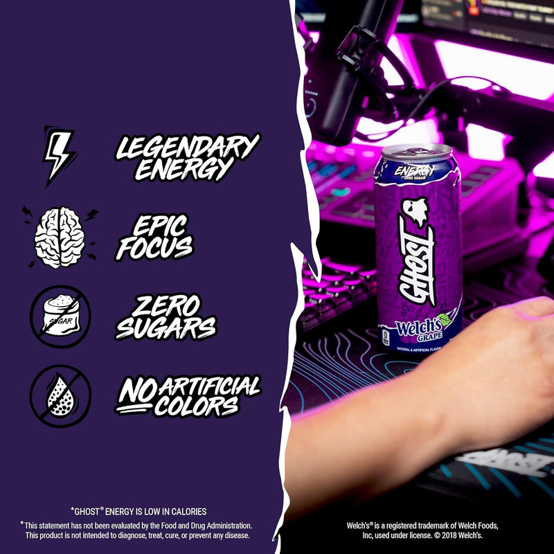 GHOST Energy Drink - 12-Pack, Welch'S Grape, 16Oz Cans - Energy & Focus & No Artificial Colors - 200Mg of Natural Caffeine, L-Carnitine & Taurine - Gluten-Free & Vegan GHOST ENERGY GHOST ENERGY