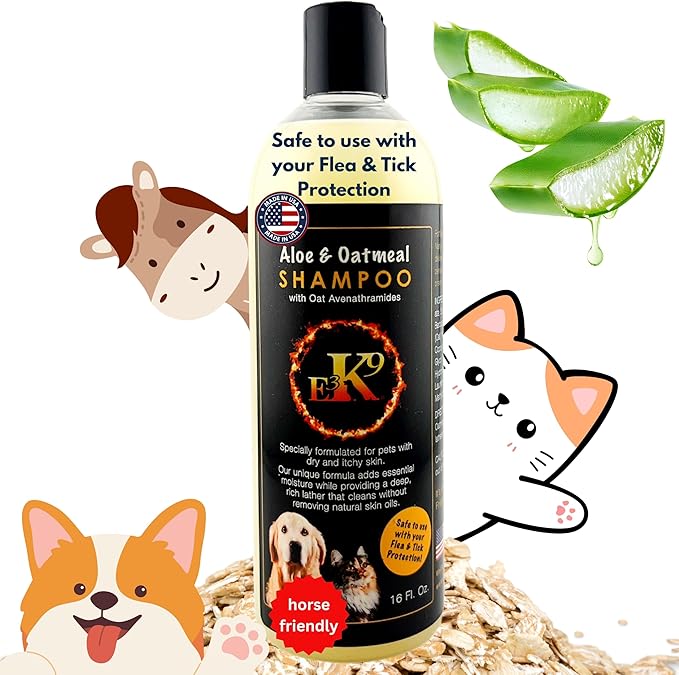 E3 Oatmeal Shampoo for Dogs and Cats - Hypollergenic - Aloe & Oatmeal Itchy Skin Relief - Dog Shampoo for Allergies & Itching - Oatmeal & Aloe, Soothes Sensitive Skin - Shampoo de Avena para Perros