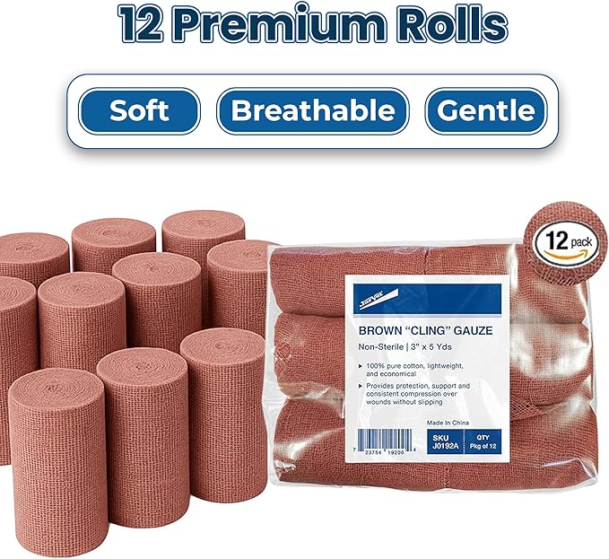 JorVet Brown Cling Gauze | 100% Cotton, Soft & Breathable for Wound Care, Pet Dressings & Medical Use | Comfortable, and Ideal for Healing & Recovery | Brown | 12 Rolls 3" x 5 Yards