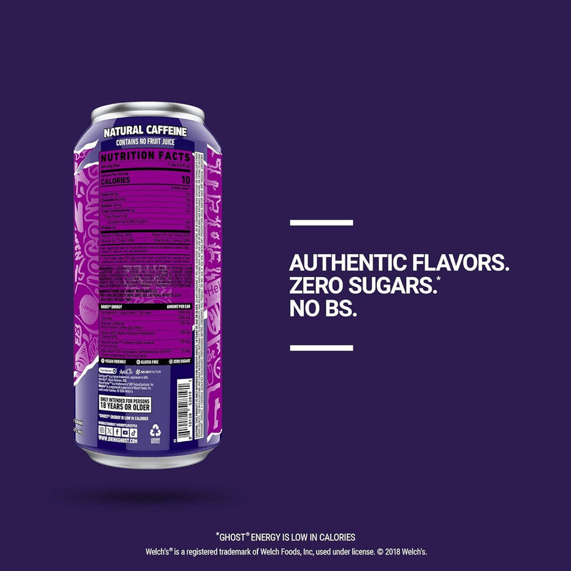 GHOST Energy Drink - 12-Pack, Welch'S Grape, 16Oz Cans - Energy & Focus & No Artificial Colors - 200Mg of Natural Caffeine, L-Carnitine & Taurine - Gluten-Free & Vegan GHOST ENERGY GHOST ENERGY