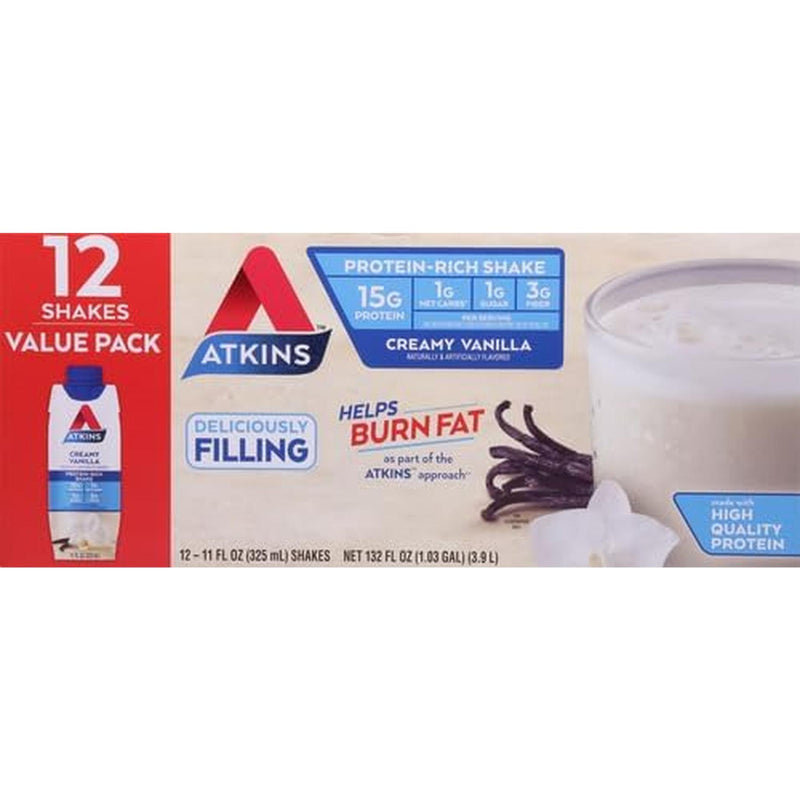 Atkins Creamy Vanilla Protein Shake, 15G Protein, Low Glycemic, 2G Net Carb, 1G Sugar, Keto Friendly, 12 Count Atkins