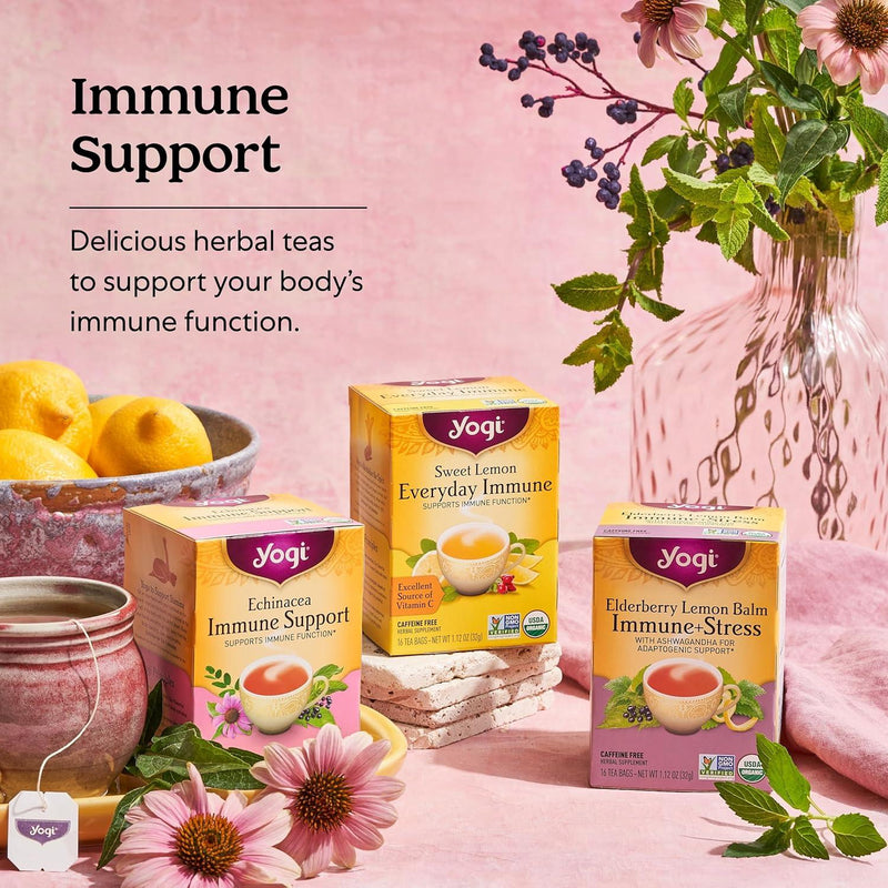 Yogi Tea Echinacea Immune Support - Organic Herbal Tea with Peppermint, Lemongrass, Cinnamon, Echinacea Purpurea & Licorice Root - 16 Tea Bags per Pack, 4 Packs Total - Natural Immunity Booster