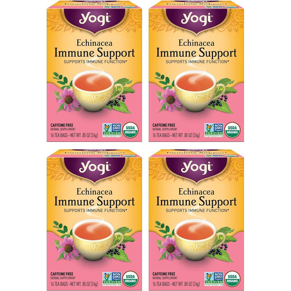 Yogi Tea Echinacea Immune Support - Organic Herbal Tea with Peppermint, Lemongrass, Cinnamon, Echinacea Purpurea & Licorice Root - 16 Tea Bags per Pack, 4 Packs Total - Natural Immunity Booster