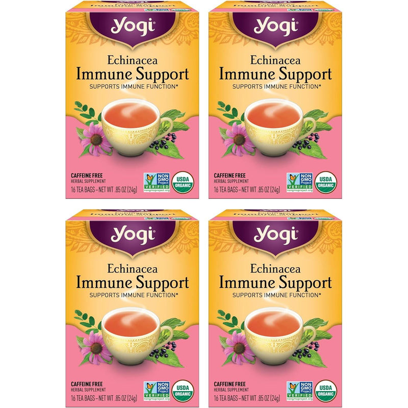 Yogi Tea Echinacea Immune Support - Organic Herbal Tea with Peppermint, Lemongrass, Cinnamon, Echinacea Purpurea & Licorice Root - 16 Tea Bags per Pack, 4 Packs Total - Natural Immunity Booster