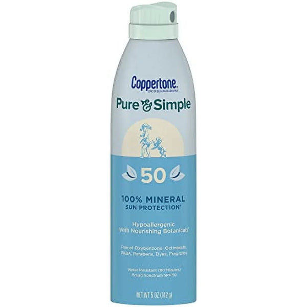Coppertone Pure and Simple Zinc Oxide Mineral Sunscreen Spray SPF 50, Water 5oz