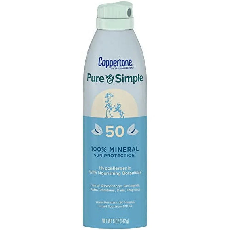 Coppertone Pure and Simple Zinc Oxide Mineral Sunscreen Spray SPF 50, Water 5oz