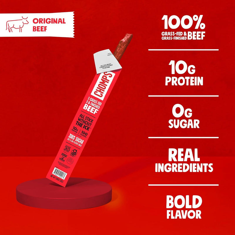 Chomps Original Beef Jerky Snack Sticks, 10-Pack - Grass-Fed & Finished, Keto, Paleo, Whole30, 10G Lean Protein, Gluten-Free, Zero Sugar, Non-GMO
